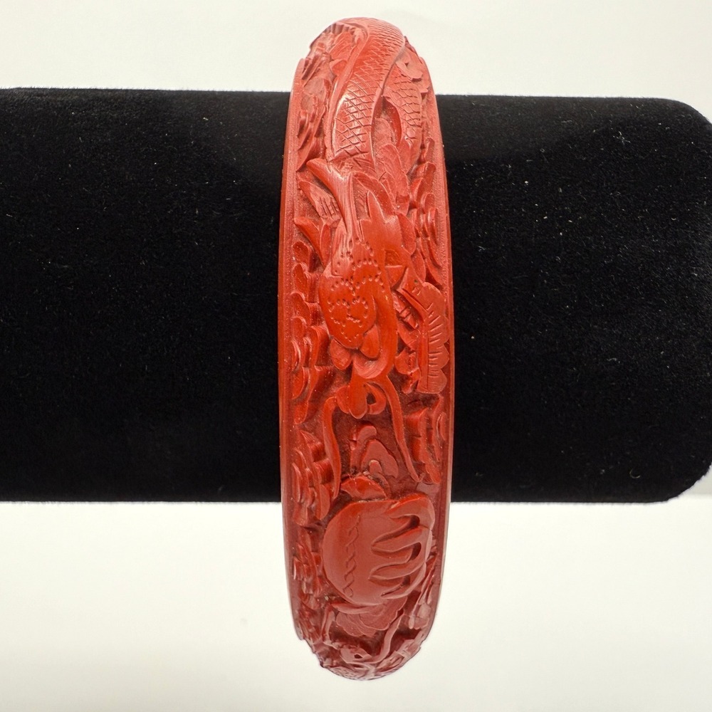 VTG Chinese Vermilion Bangle Bracelets Red Cinnabar Carved Asian Dragon Sz 8